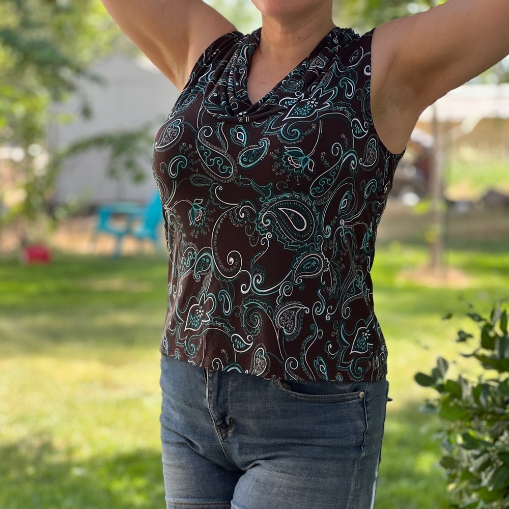 GEORGE Paisley Teal / Turquoise/ Brown Cowl Neck Blouse